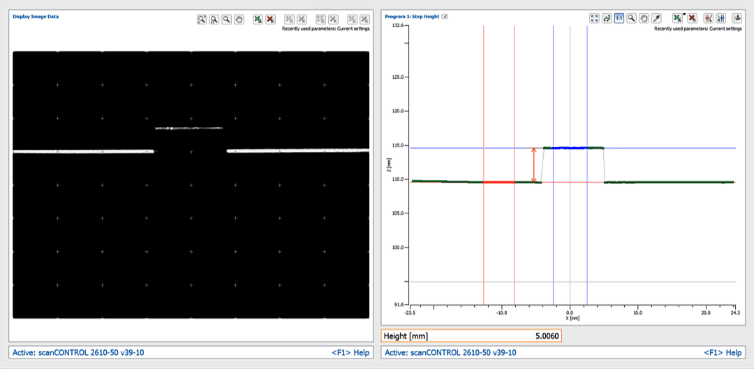 Obraz z profilometru laserowego i ekran konfigurowania pomiarów
