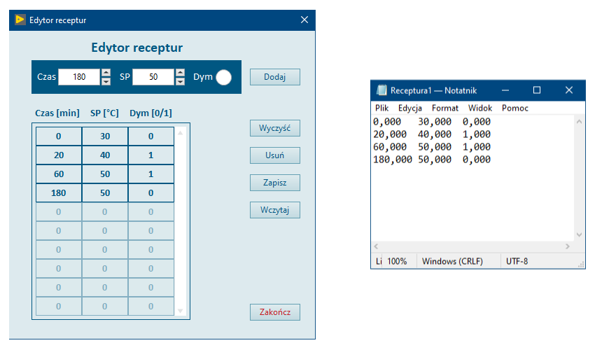 Edytor receptur prowadzenia procesu wędzenia i przykład receptury zapisanej w pliku.