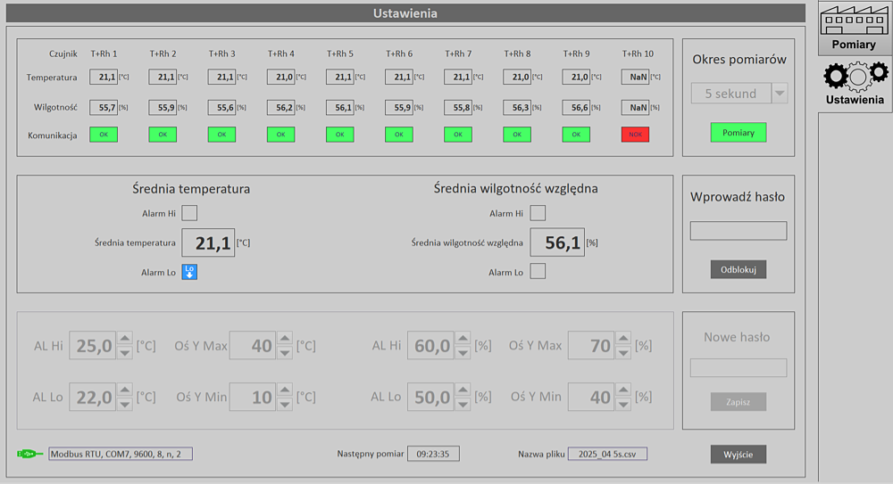 Ustawienie konfiguracyjne programu do monitorowania temperatury i wilgotności względnej na hali produkcyjnej.